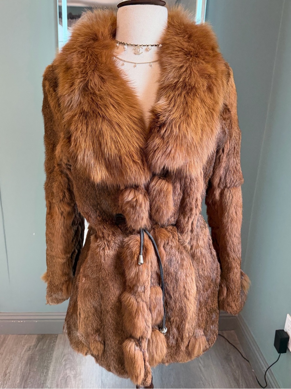 Vintage Brown Rabbit Fur Coat Fox Fur Collar Belted Jacket S